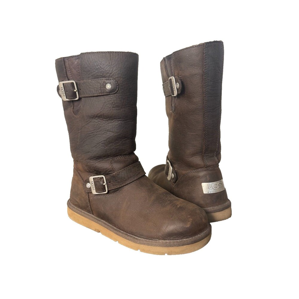 UGG Australia Womens 7 Brown Leather Sheepskin Buckle Harness Tall Boots